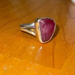 Semi Polished Ruby Ring w/ Platinum over Sterling Silver Band “letter D”